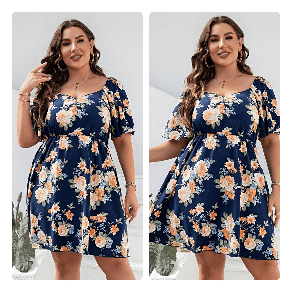 Blue Floral Print Flutter Sleeve Mini Dress - Picture 1 of 5